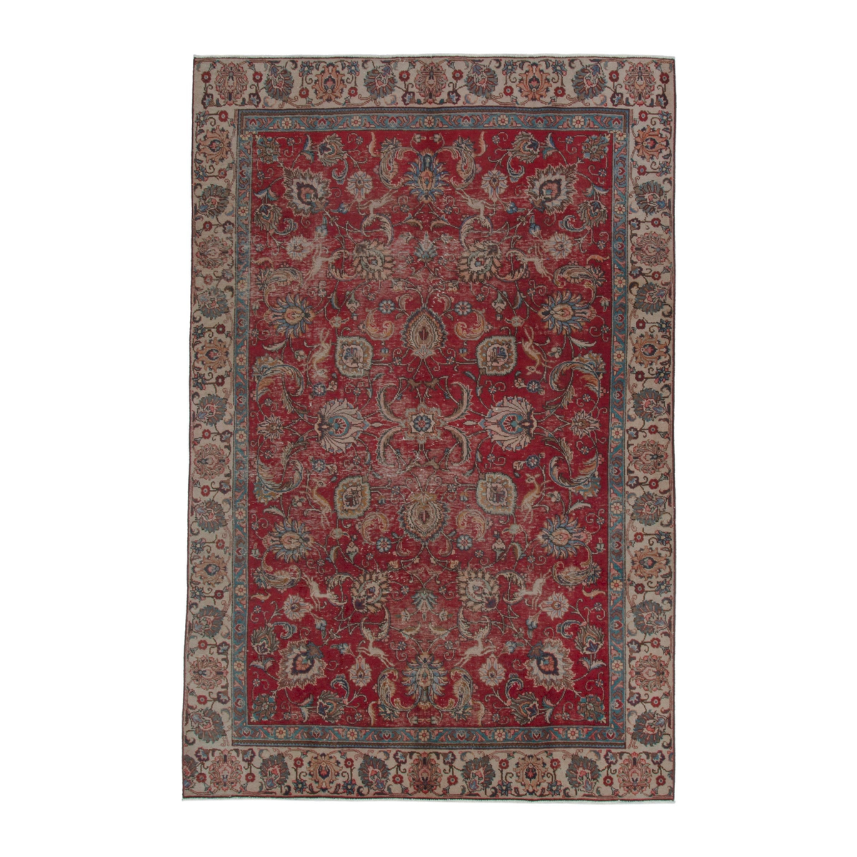 Persian Tabriz oversized rug in deep red and tan, 6'11" x 10'8"