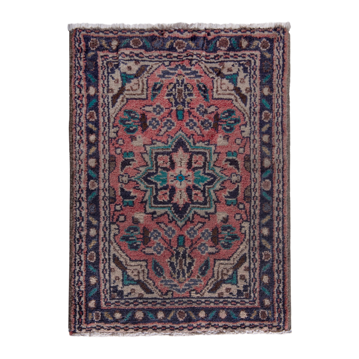 Persian Hamedan accent rug in rose and navy, 1'8" x 2'1"