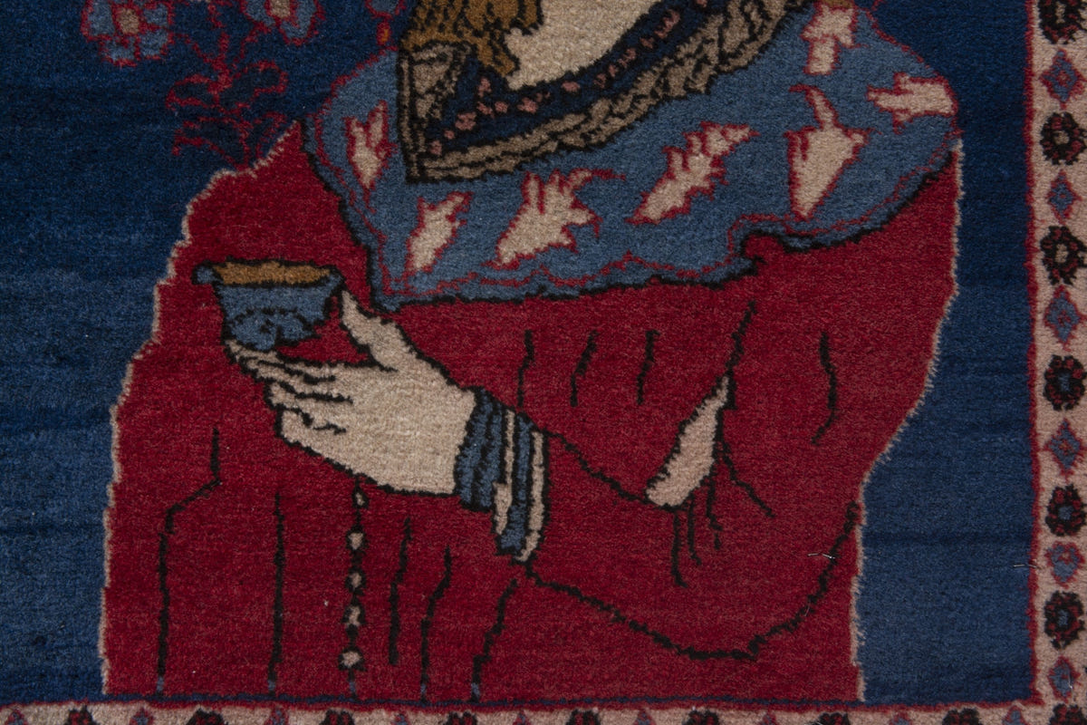 Persian Shahreza accent rug in navy and deep red, view 8 of 10