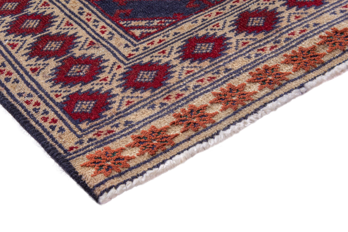 Persian Torkaman accent rug in navy and cream, view 6 of 9