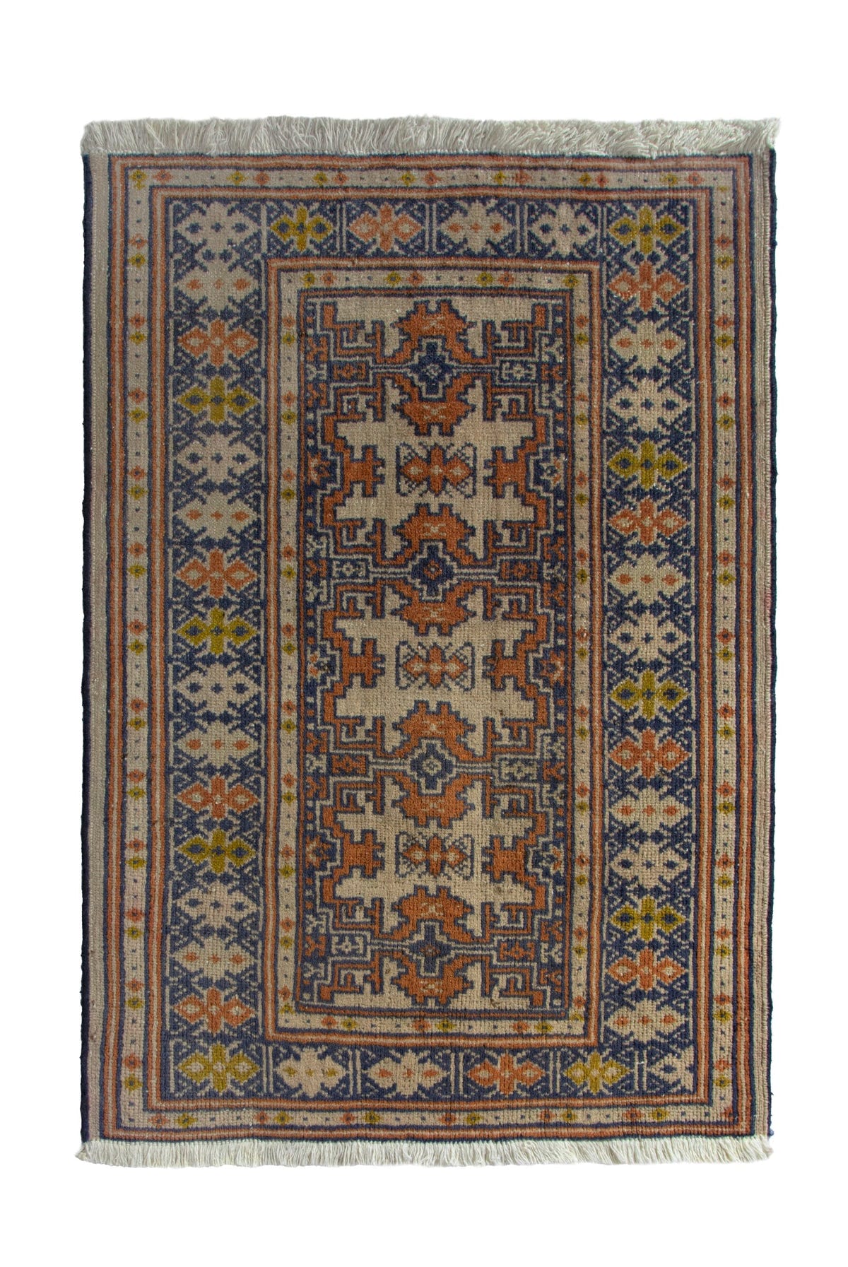 Persian Torkaman accent rug in cream and navy, view 2 of 9