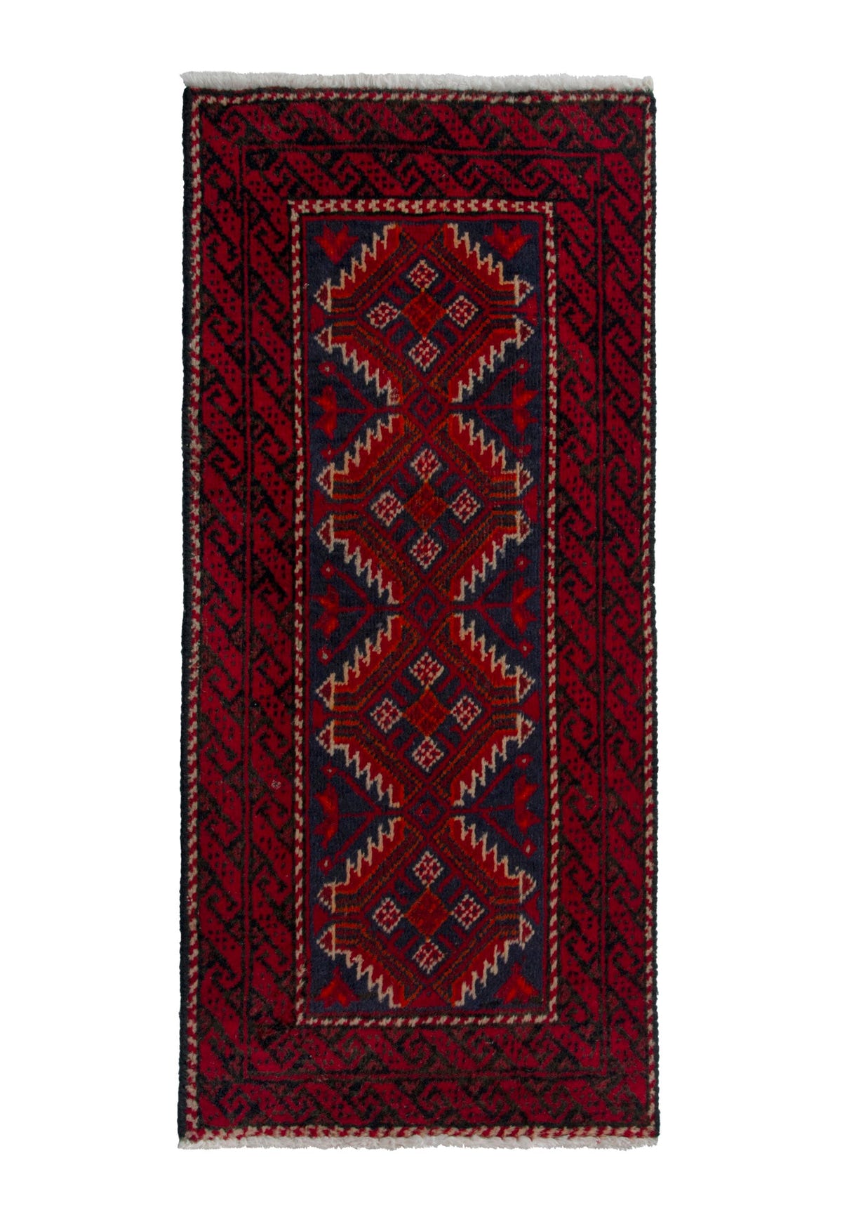 Persian Baluch accent rug in deep red and black, view 2 of 9