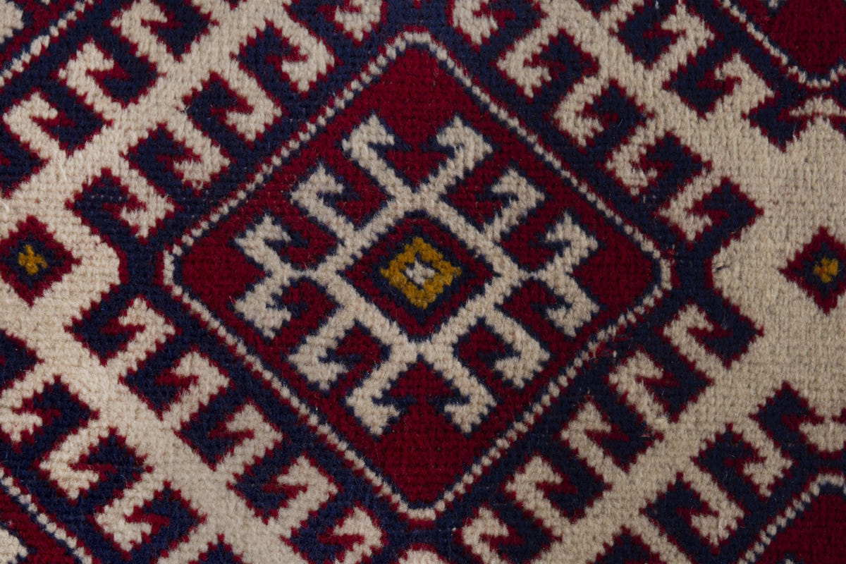 Persian Torkaman accent rug in burgundy and cream, view 7 of 10