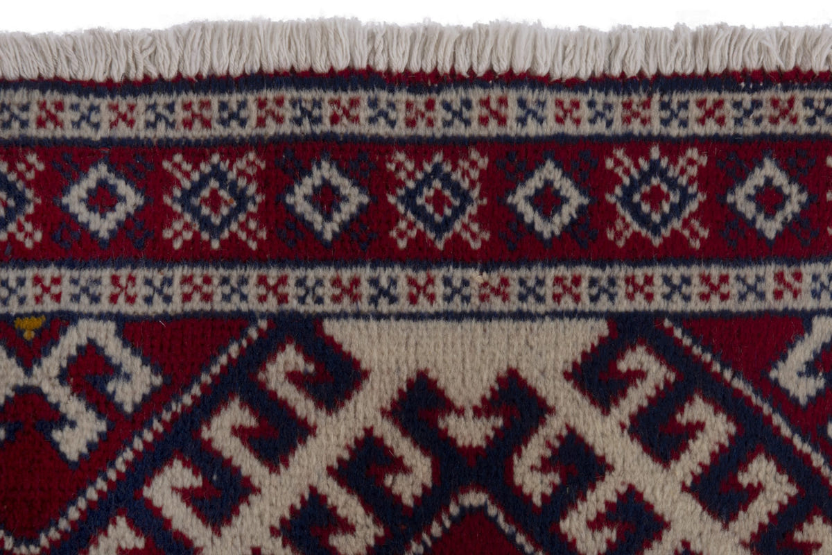 Persian Torkaman accent rug in burgundy and cream, view 9 of 10