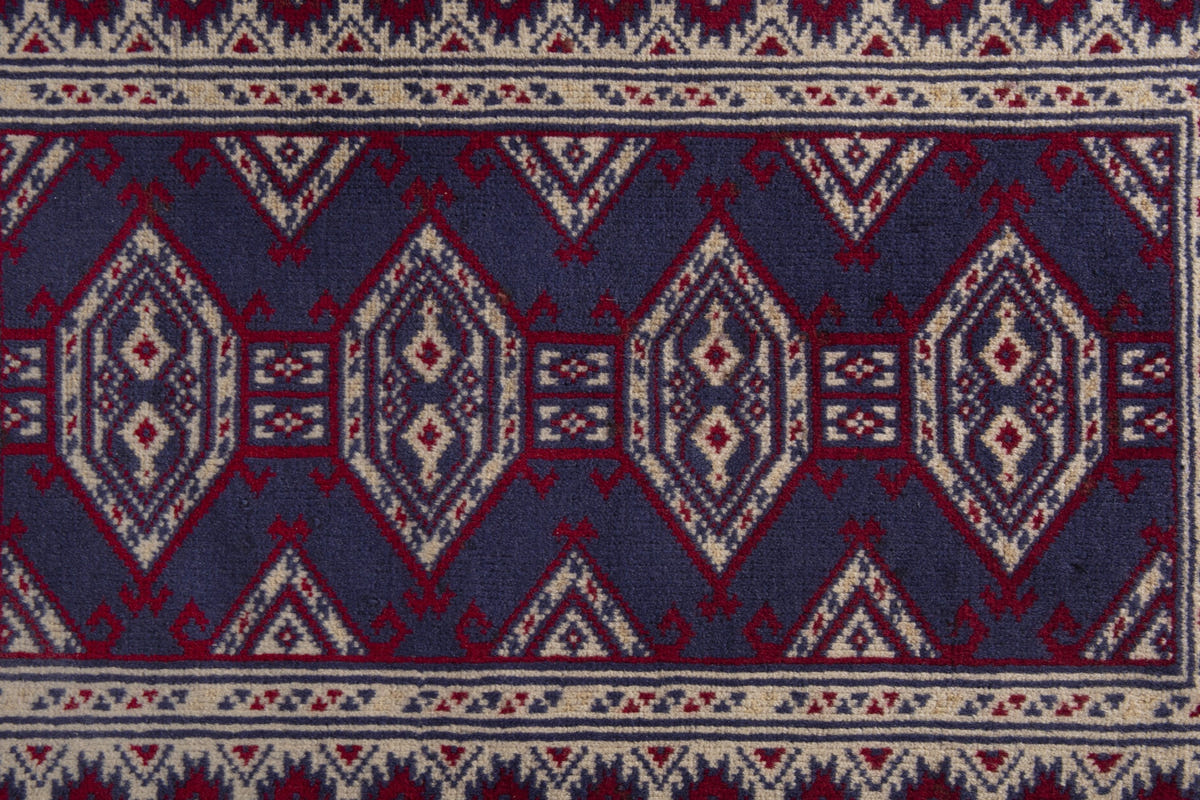 Persian Torkaman accent rug in navy and cream, view 7 of 9