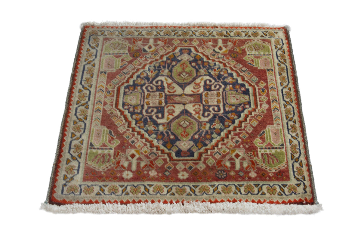 Persian Shiraz accent rug in faded red and navy, view 3 of 10