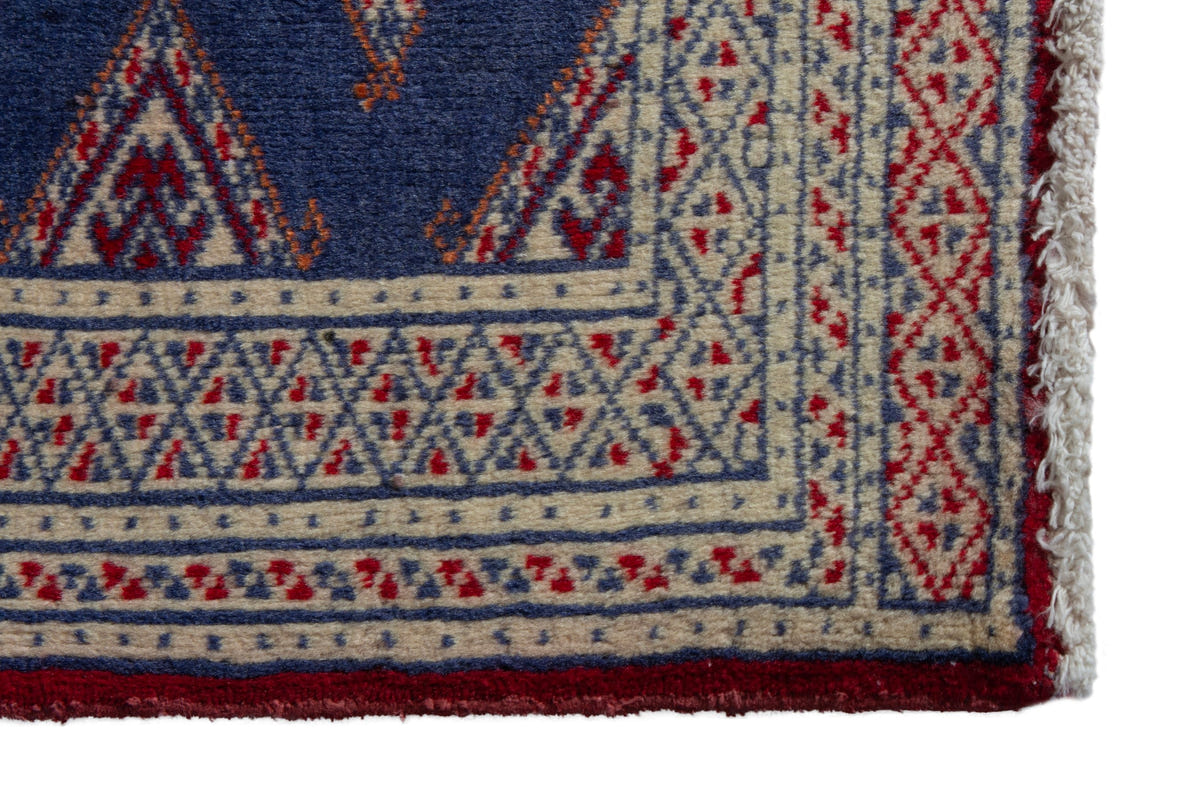 Persian Torkaman accent rug in denim and cream, view 5 of 9