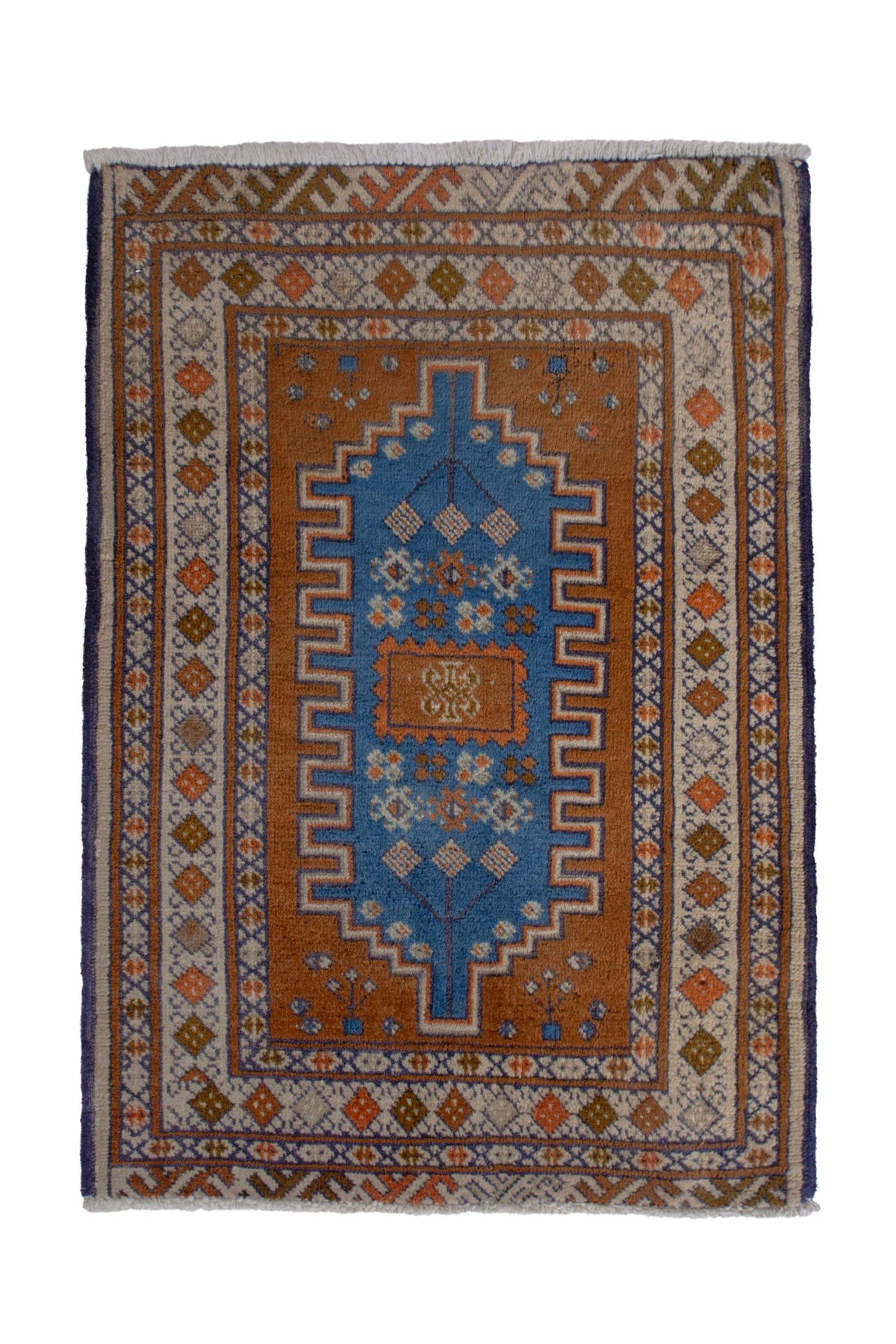 Persian Baluch accent rug in rust and blue, view 2 of 8