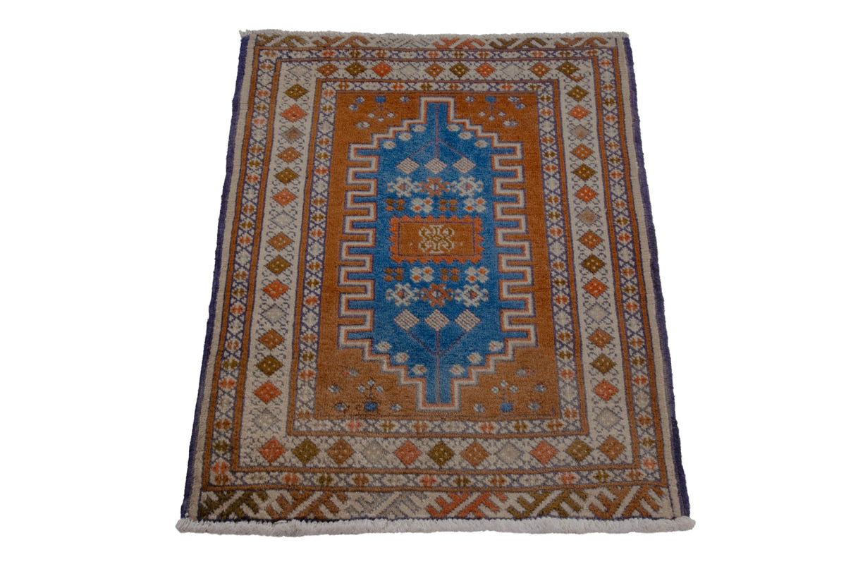 Persian Baluch accent rug in rust and blue, view 3 of 8
