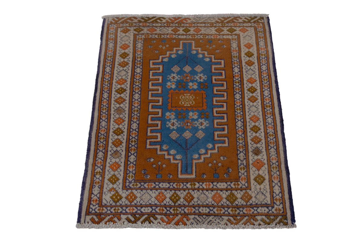 Persian Baluch accent rug in rust and blue, view 4 of 8