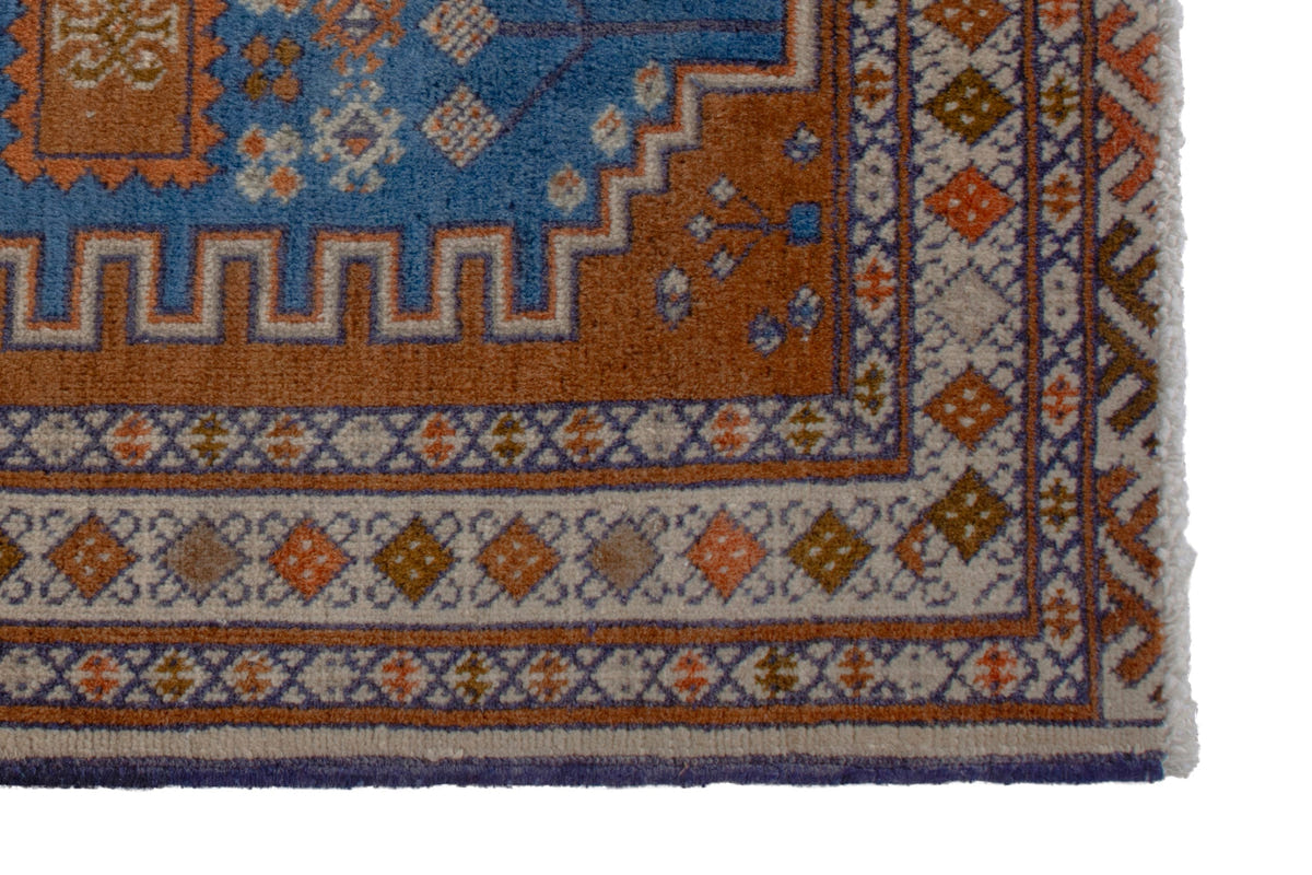 Persian Baluch accent rug in rust and blue, view 5 of 8