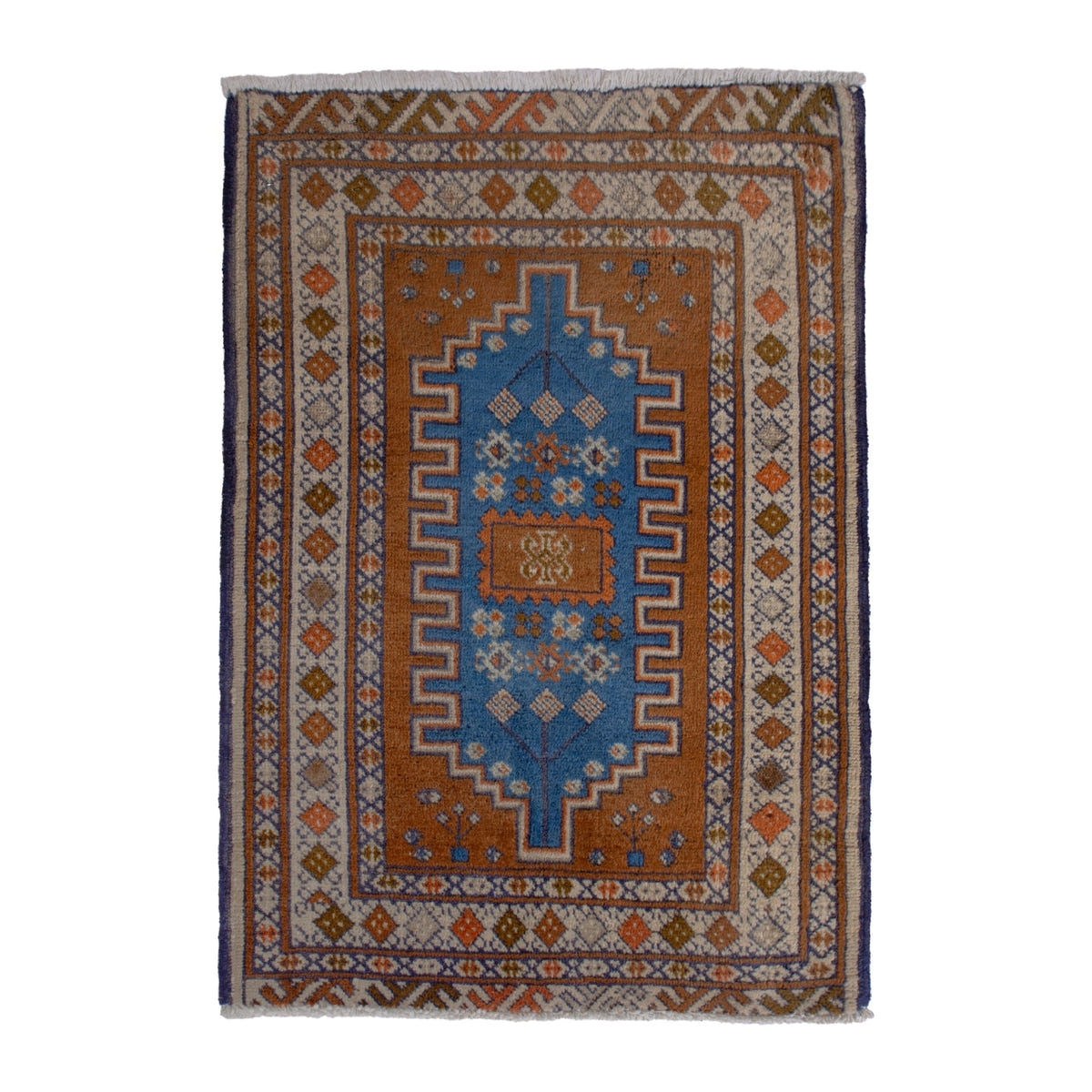 Persian Baluch accent rug in rust and blue, 2'2" x 2'11"