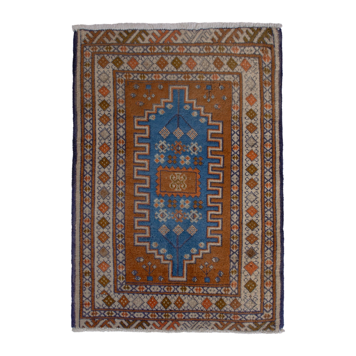 Persian Baluch accent rug in rust and blue, 2'2" x 2'11"