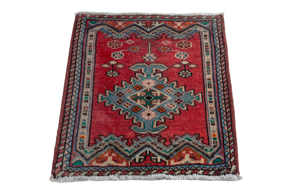 Persian Hamadan accent rug in deep red and dusty blue, view 3 of 10