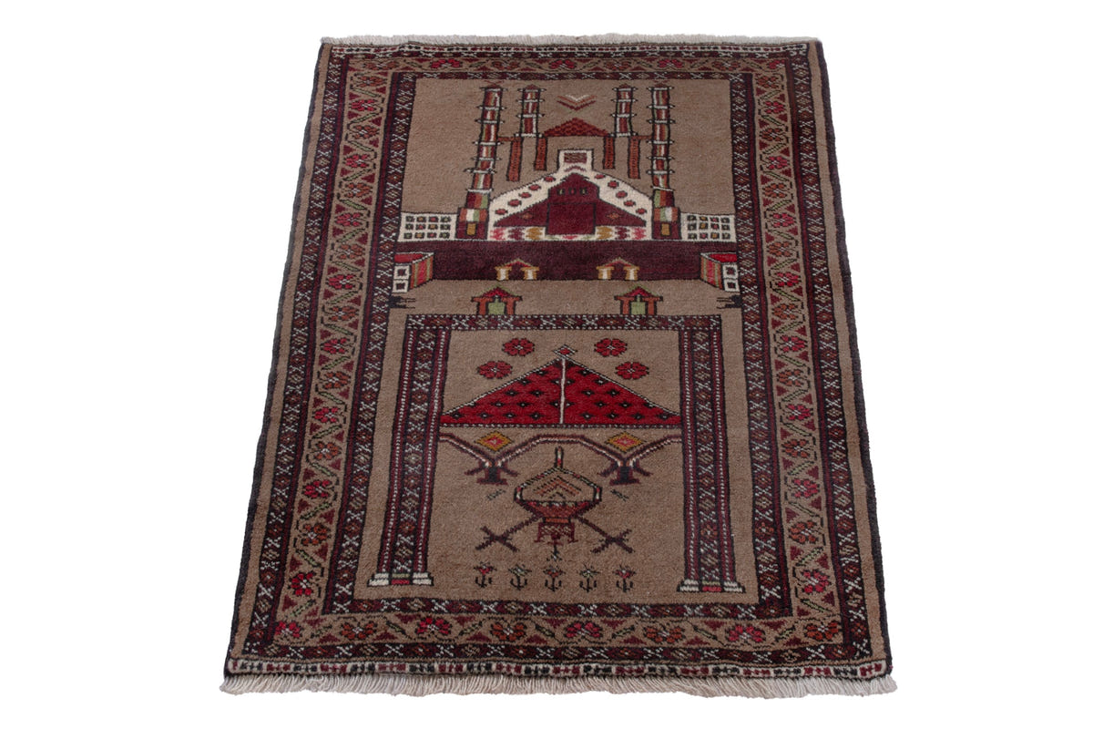 Persian Torkaman accent rug in tan and burgundy, view 3 of 10
