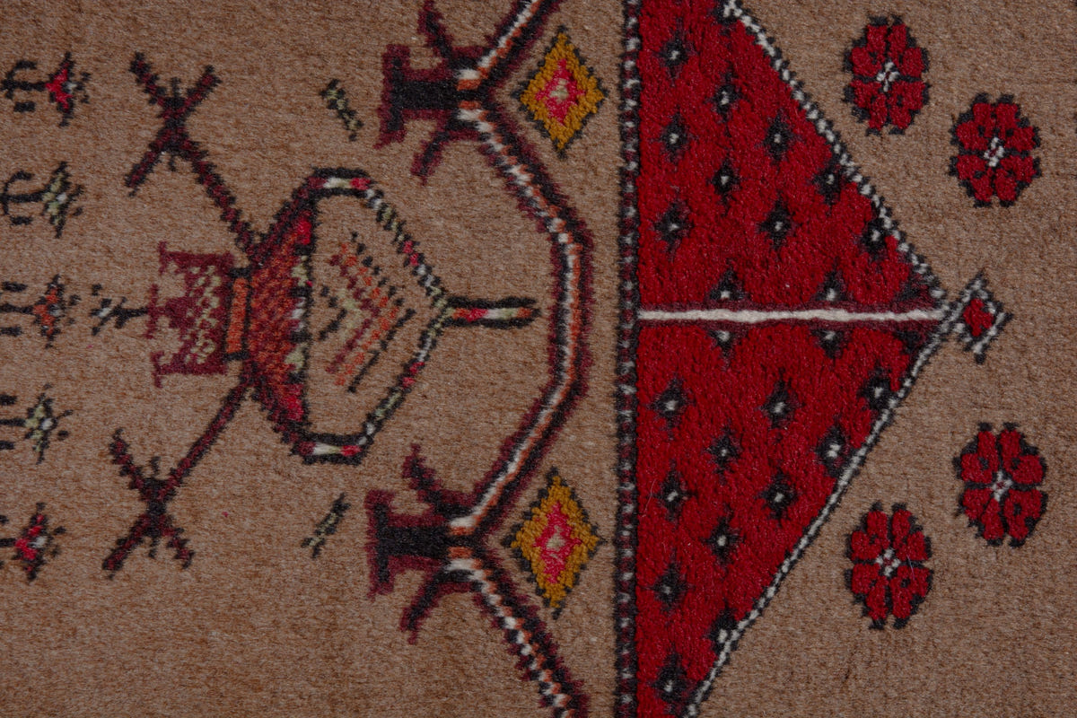 Persian Torkaman accent rug in tan and burgundy, view 7 of 10