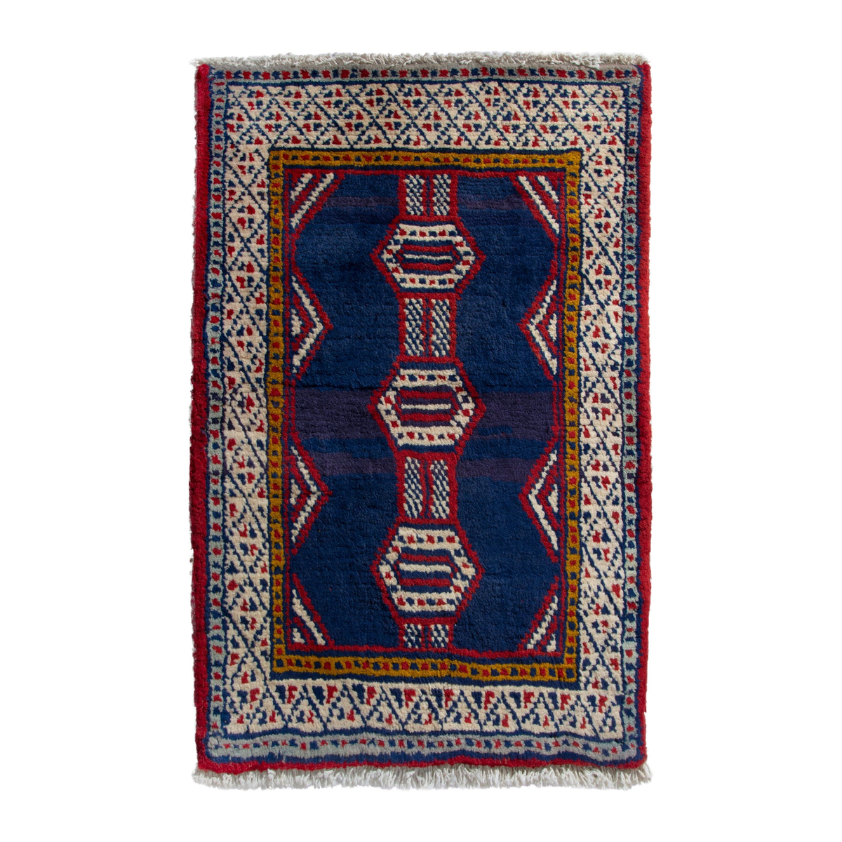 Persian Baluch accent rug in navy and cream, 2' x 2'7"