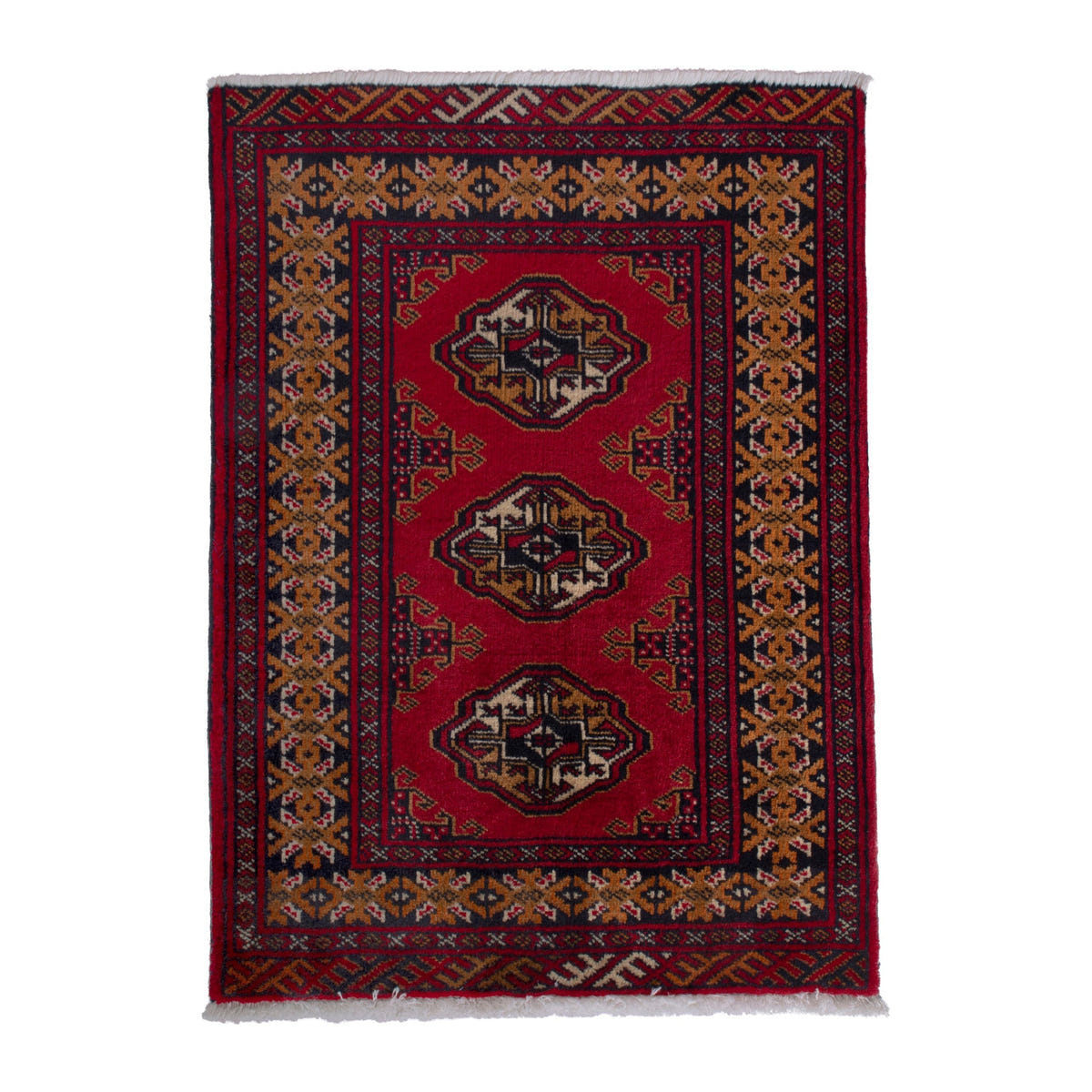 Persian Torkaman accent rug in deep red and ochre, 2'4" x 2'11"