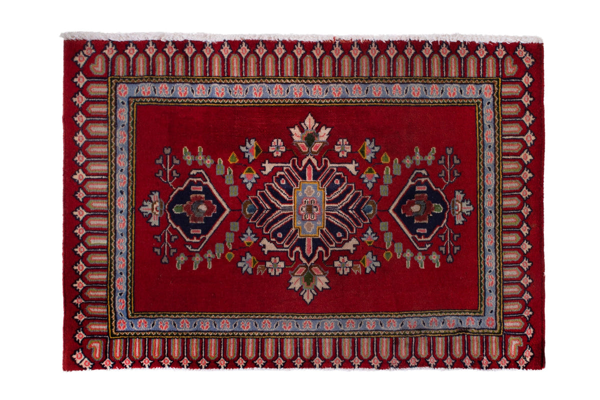 Persian Kashan accent rug in deep red and navy, view 2 of 9