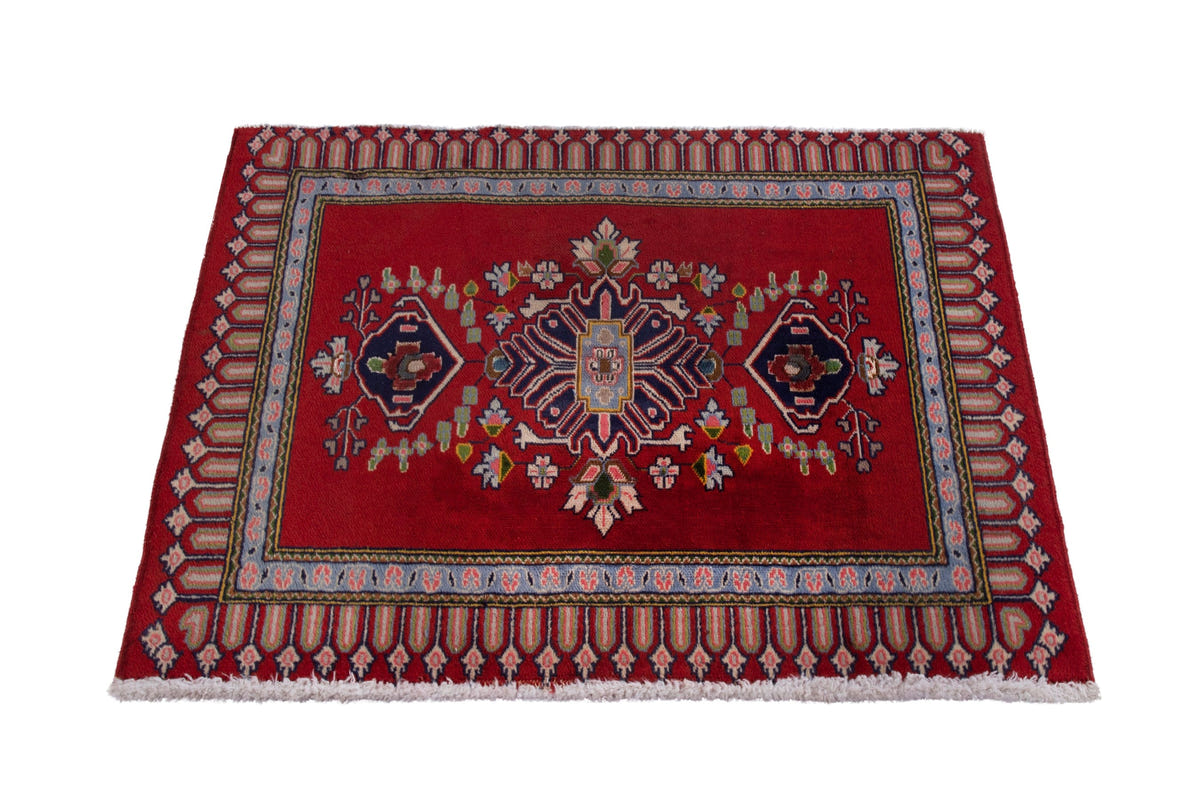 Persian Kashan accent rug in deep red and navy, view 3 of 9