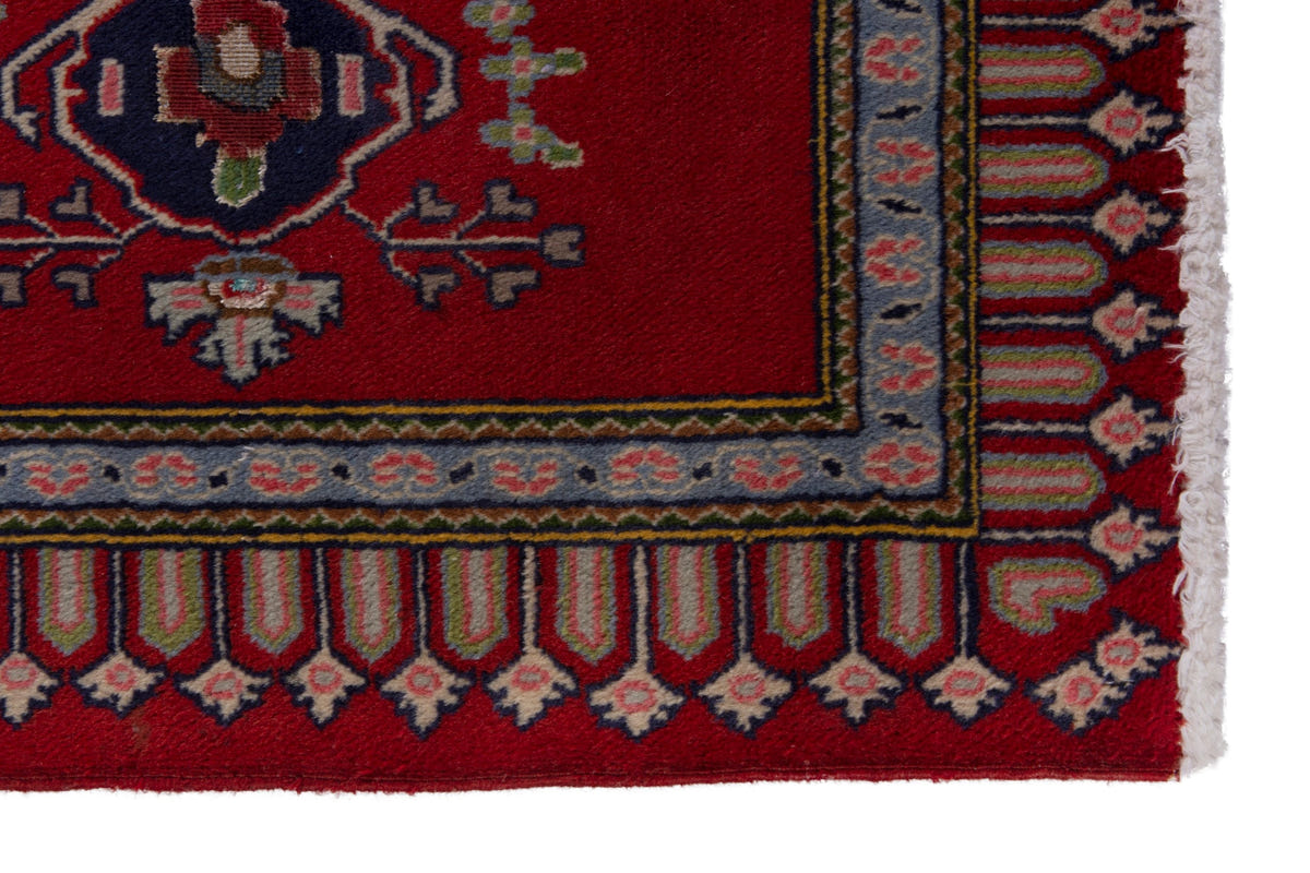 Persian Kashan accent rug in deep red and navy, view 5 of 9