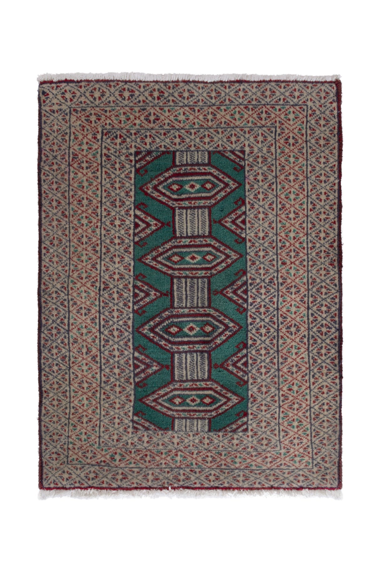 Persian Baluch accent rug in teal and greige, view 2 of 9