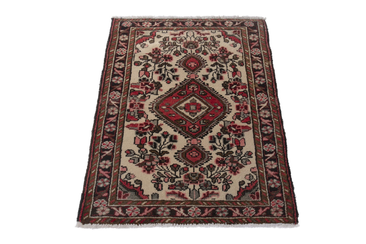 Persian Hamadan accent rug in cream and black, view 4 of 9
