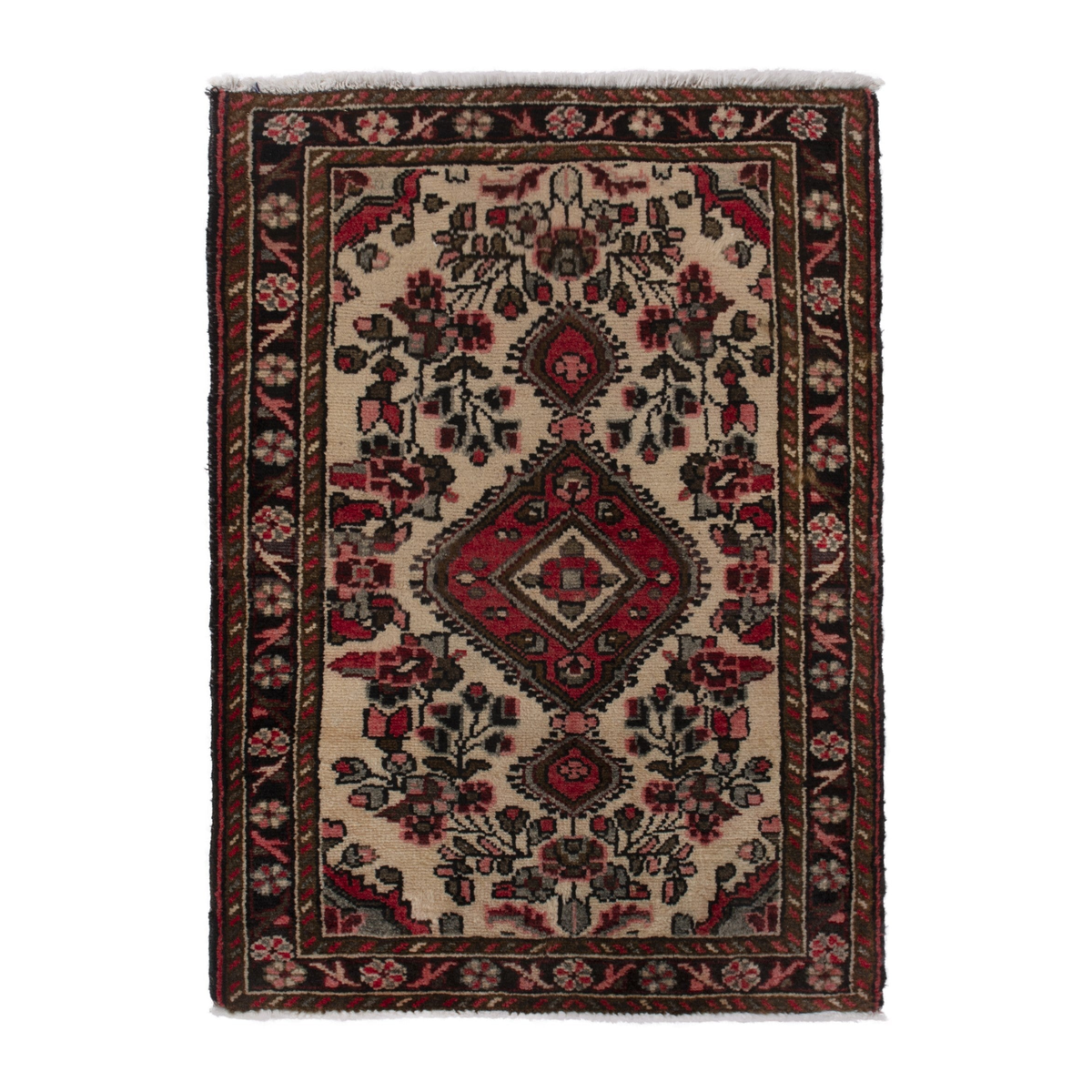 Persian Hamadan accent rug in cream and black, 2'2" x 3'4"