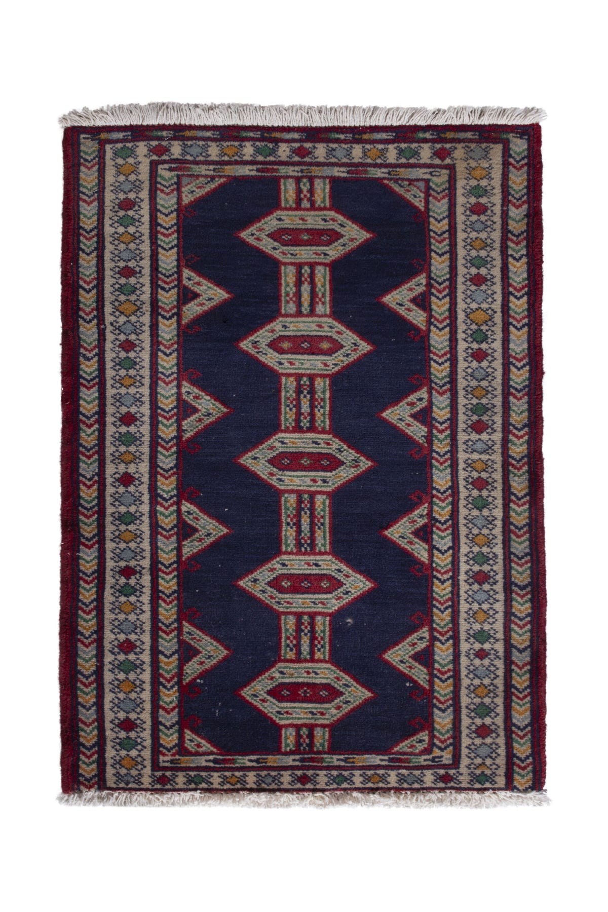 Persian Baluch accent rug in navy and cream, view 2 of 9