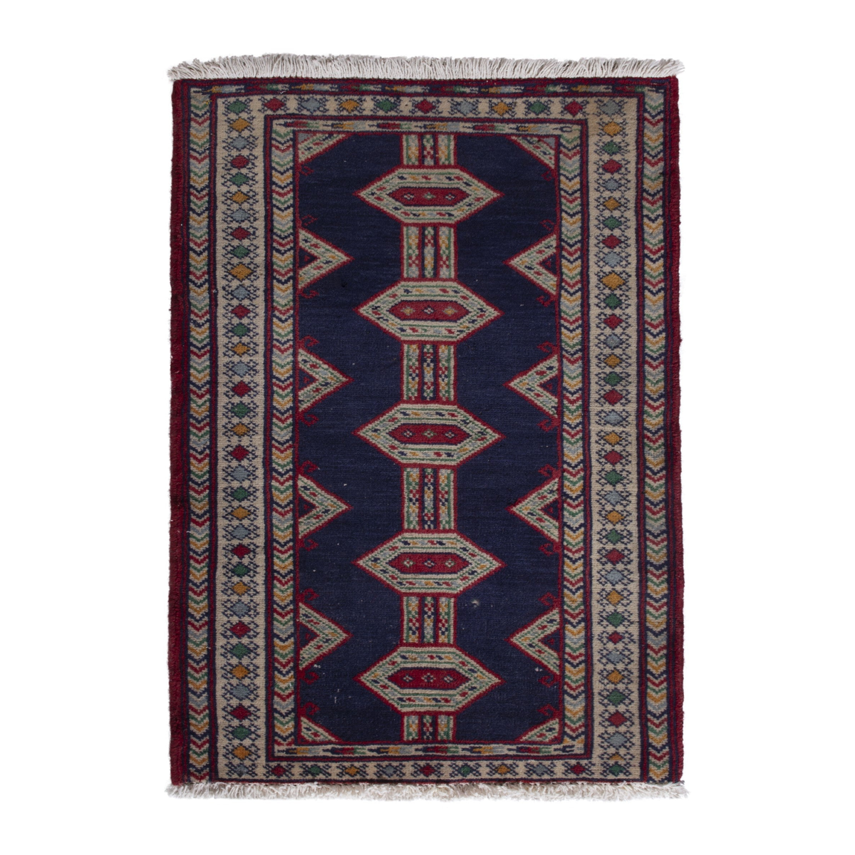 Persian Baluch accent rug in navy and cream, 1'10" x 2'10"