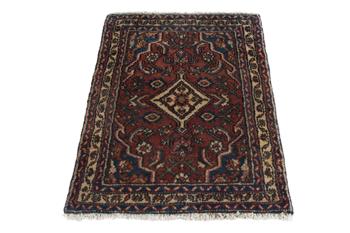 Persian Hamadan accent rug in brick and navy, view 3 of 10