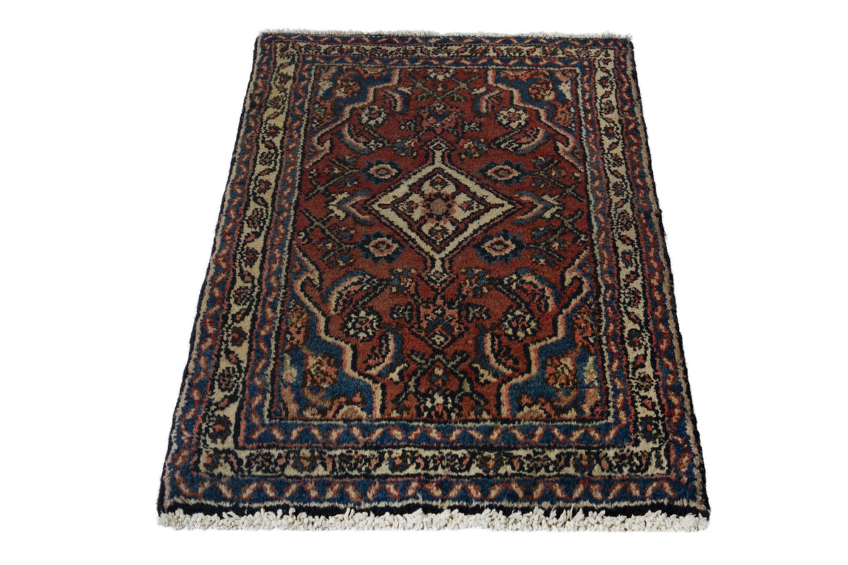Persian Hamadan accent rug in brick and navy, view 4 of 10