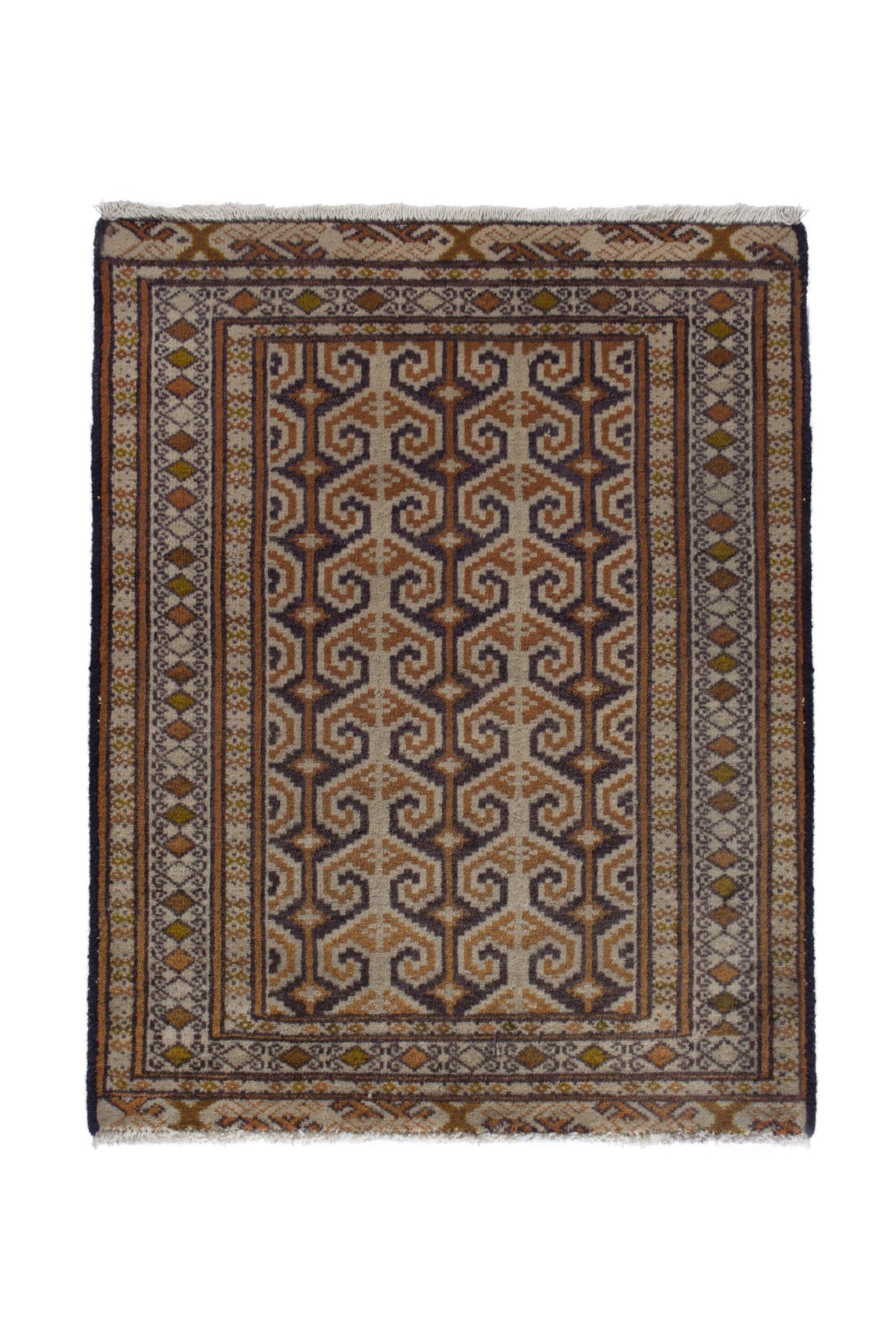 Persian Baluch accent rug in tan and cream, view 2 of 9