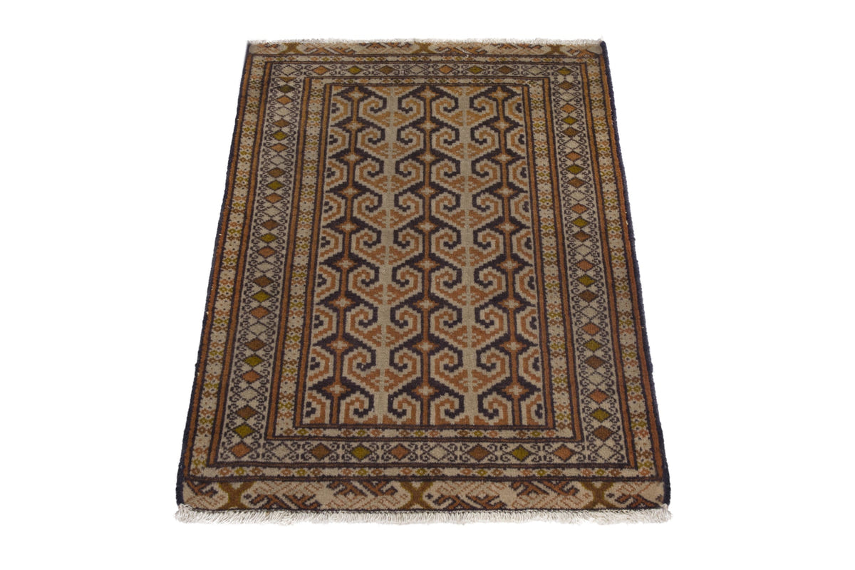 Persian Baluch accent rug in tan and cream, view 3 of 9