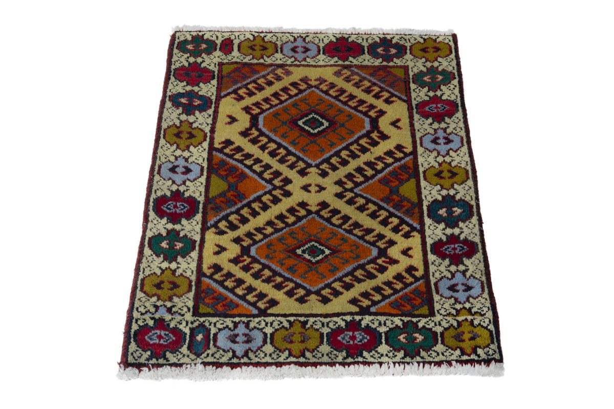 Persian Torkaman accent rug in mustard and cream, view 4 of 10