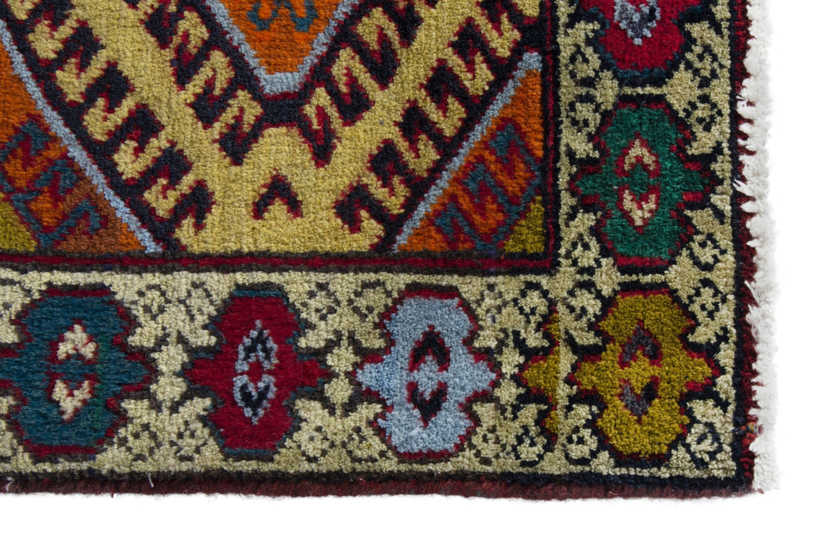 Persian Torkaman accent rug in mustard and cream, view 5 of 10