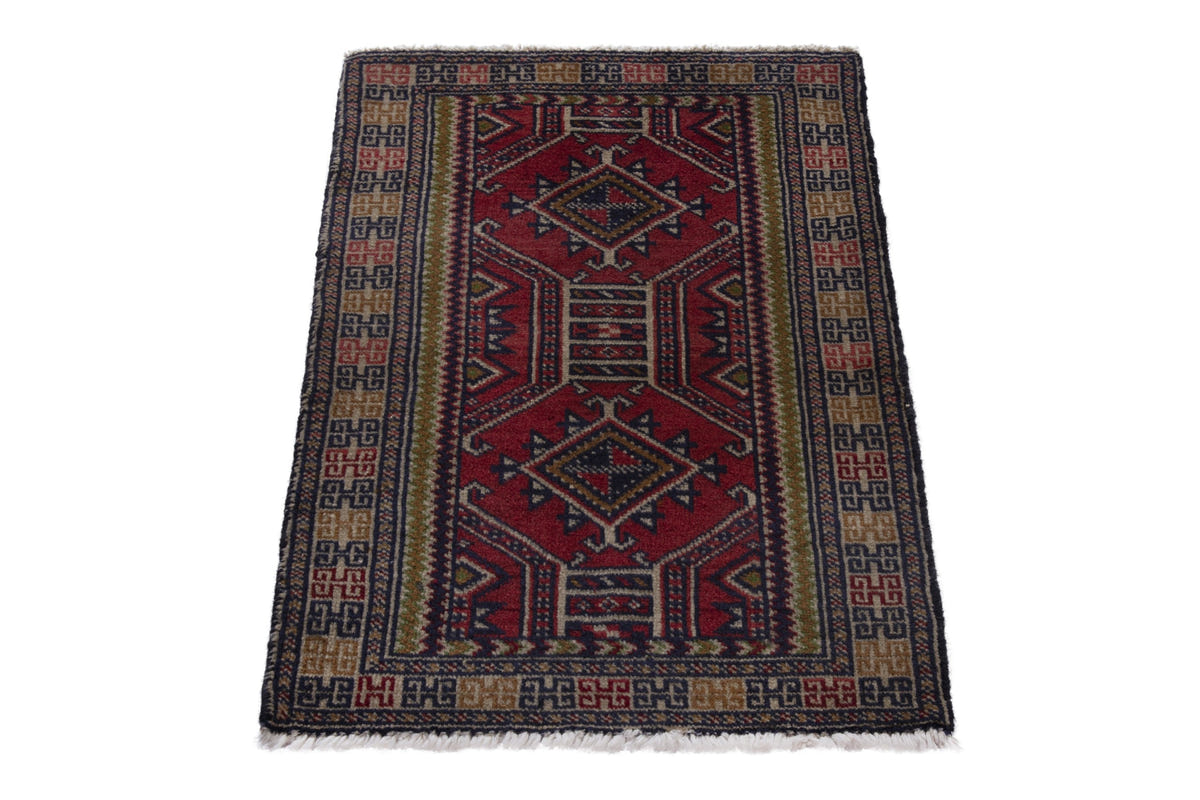 Persian Torkaman accent rug in deep red and tan, view 3 of 9