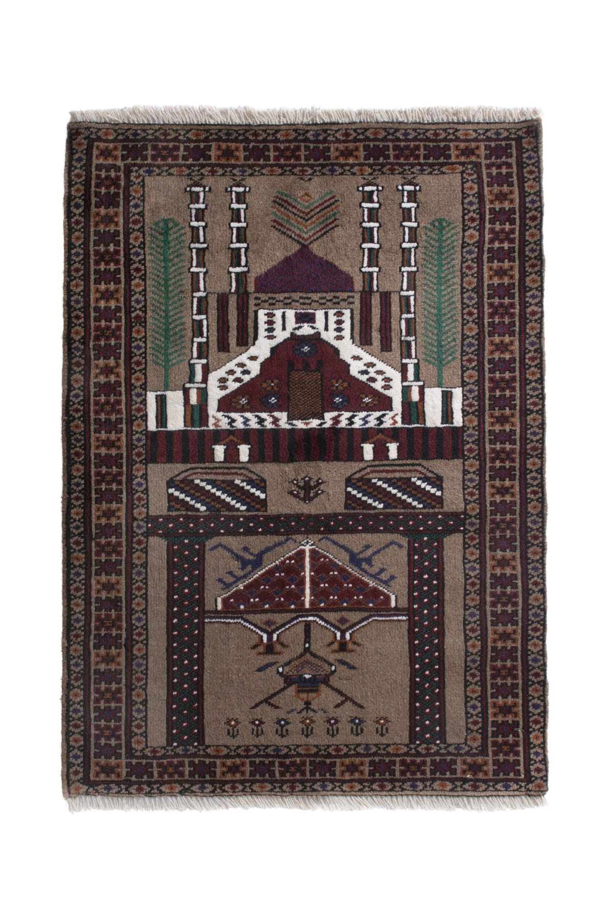 Persian Baluch accent rug in taupe and burgundy, view 2 of 10