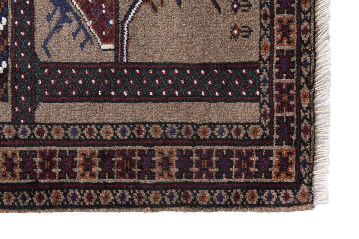 Persian Baluch accent rug in taupe and burgundy, view 5 of 10