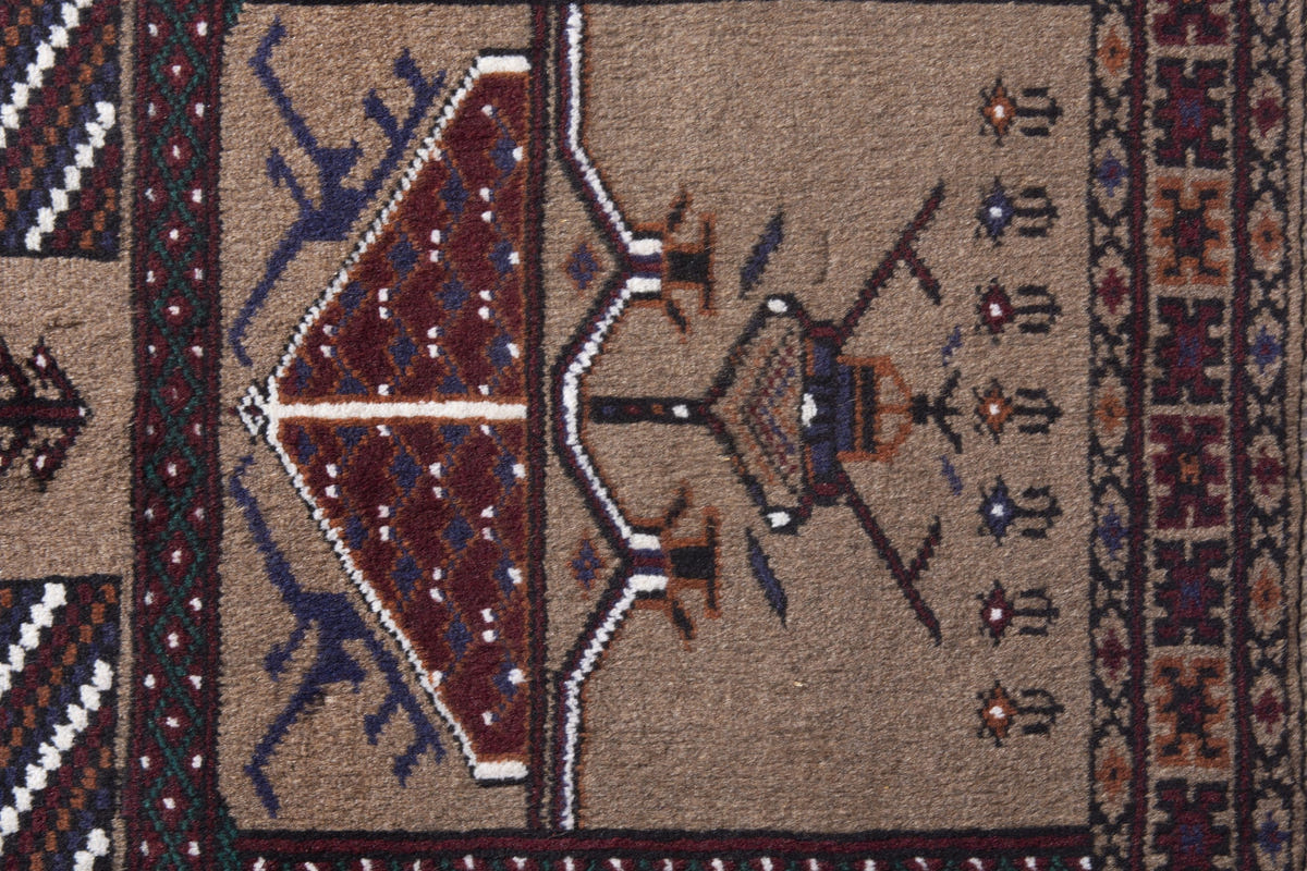 Persian Baluch accent rug in taupe and burgundy, view 7 of 10