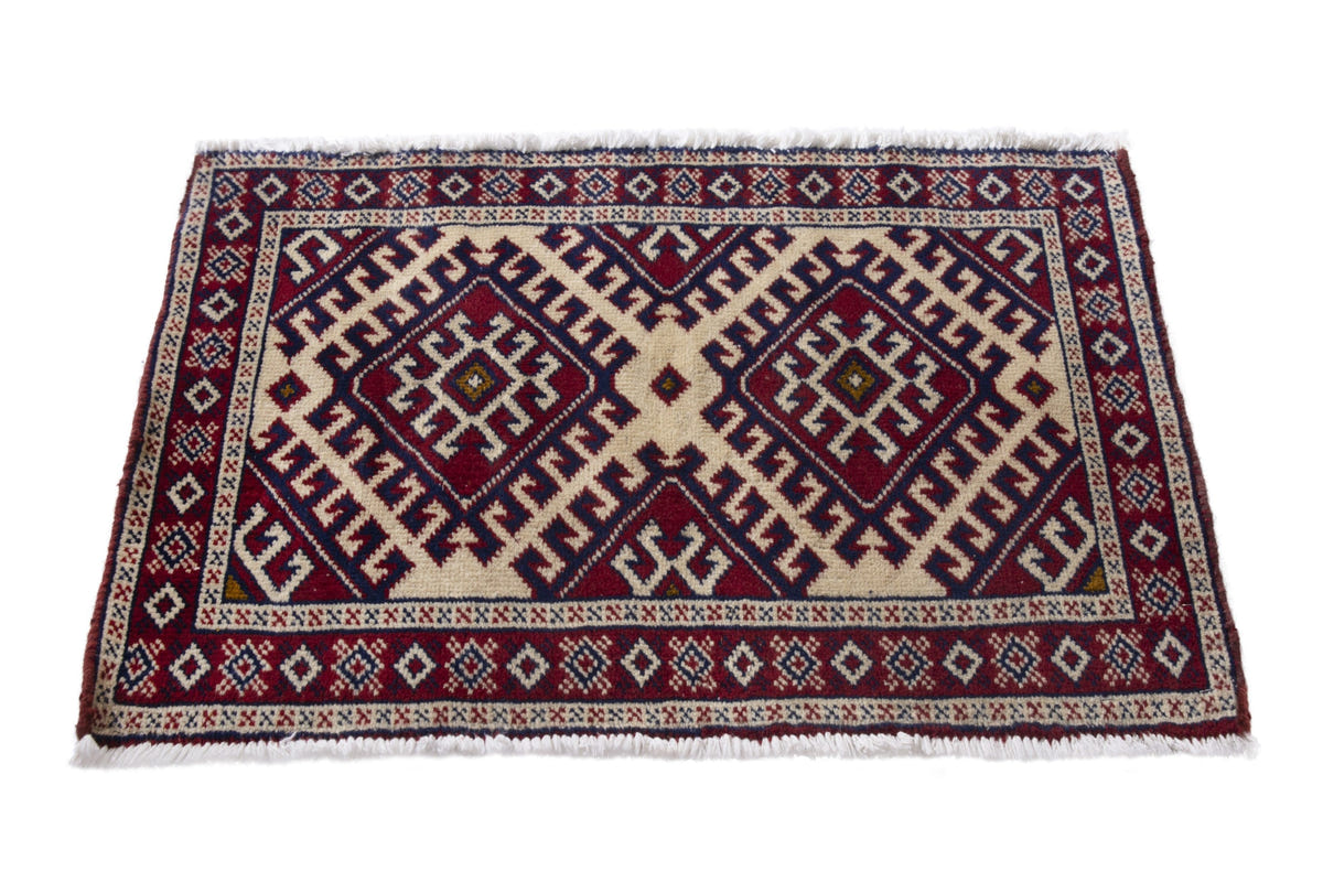 Persian Torkaman accent rug in burgundy and cream, view 3 of 9
