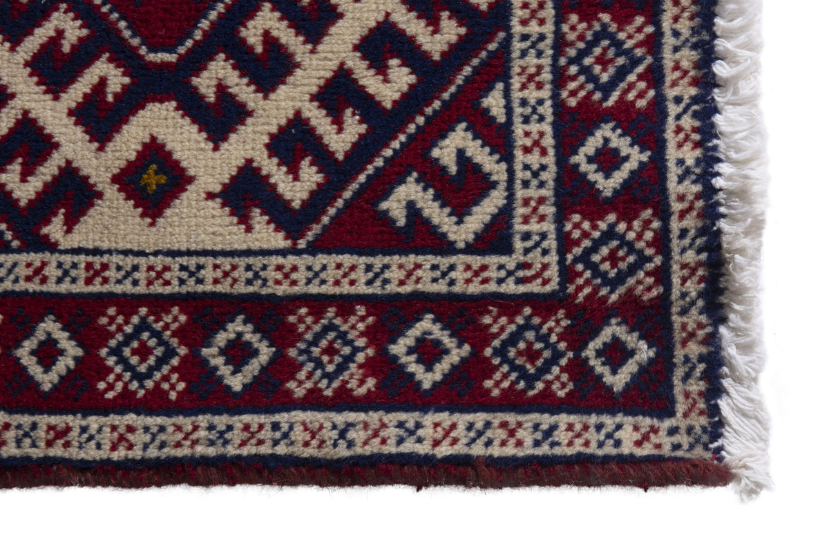 Persian Torkaman accent rug in burgundy and cream, view 5 of 9