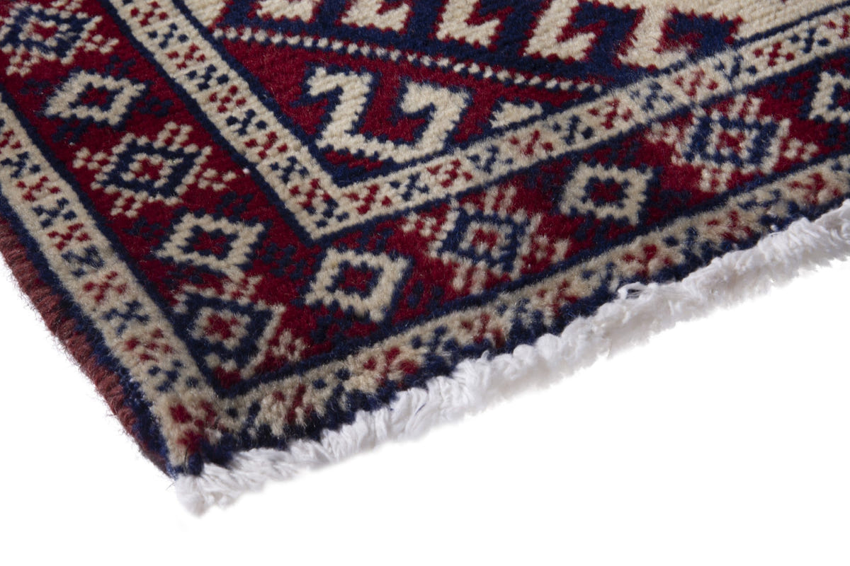 Persian Torkaman accent rug in burgundy and cream, view 6 of 9