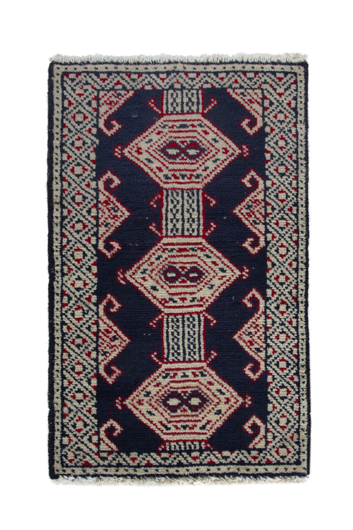 Persian Torkaman accent rug in navy and cream, view 2 of 9