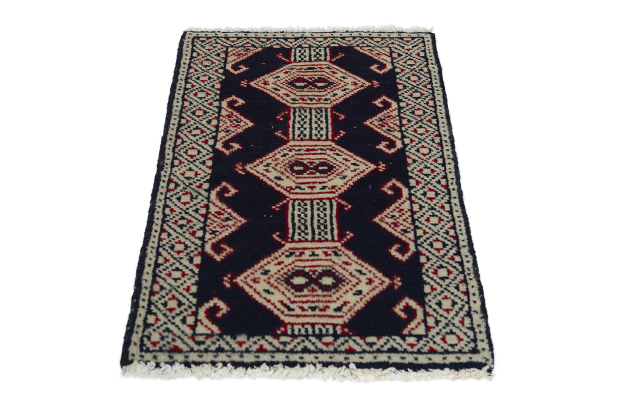 Persian Torkaman accent rug in navy and cream, view 4 of 9