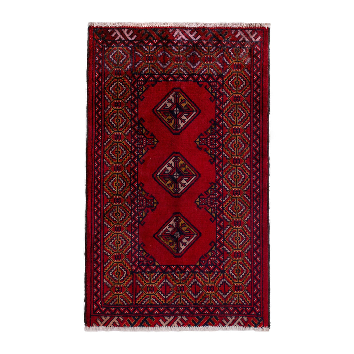 Persian Torkaman accent rug in deep red and navy, 2' x 2'9"