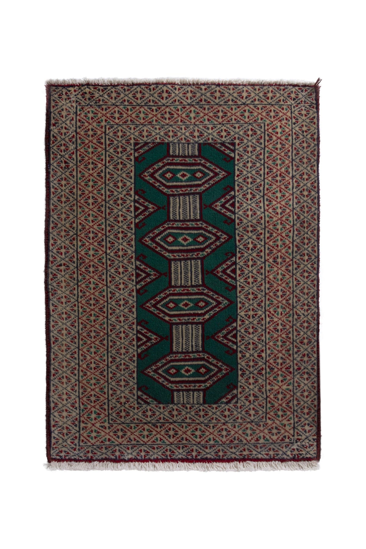 Persian Torkaman accent rug in emerald and greige, view 2 of 10