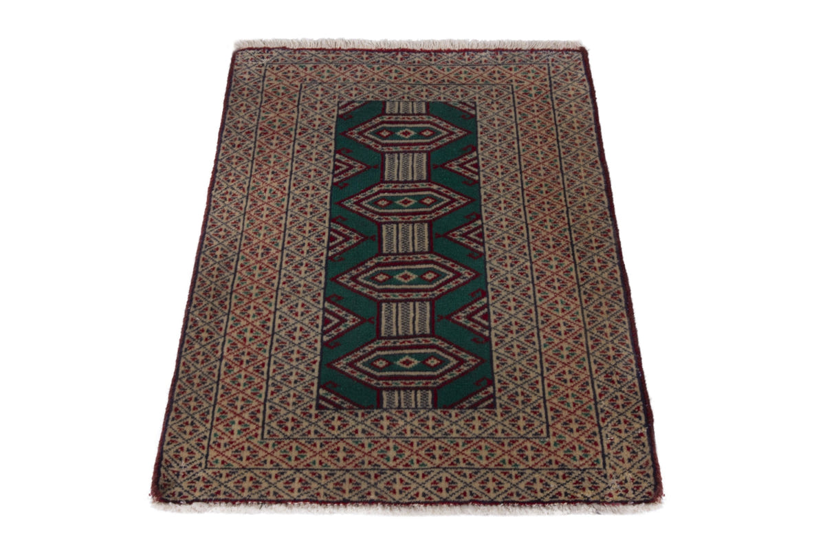 Persian Torkaman accent rug in emerald and greige, view 3 of 10