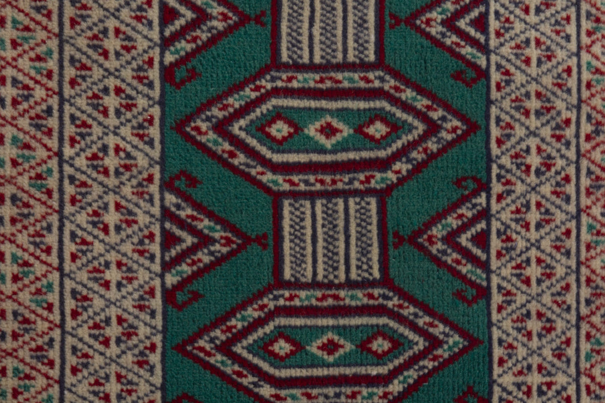Persian Torkaman accent rug in emerald and greige, view 8 of 10