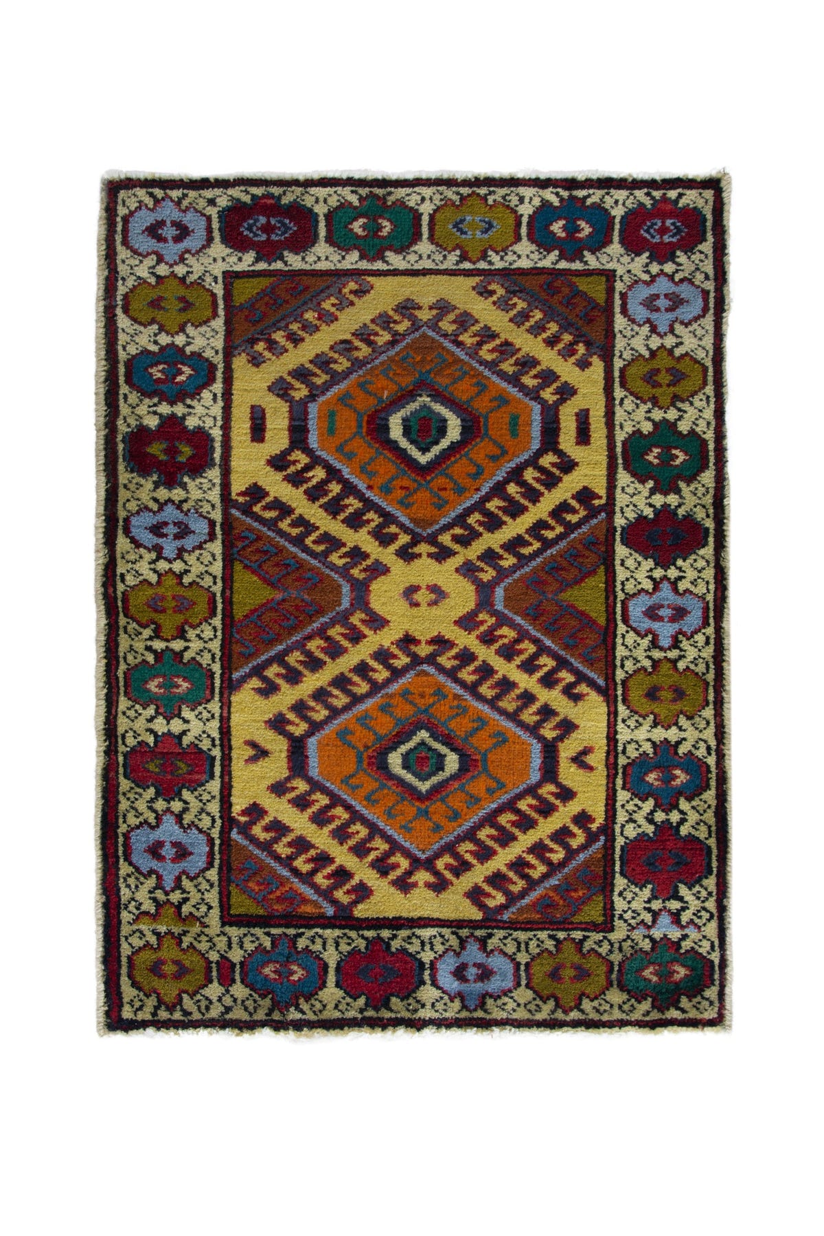 Persian Torkaman accent rug in mustard and cream, view 2 of 10